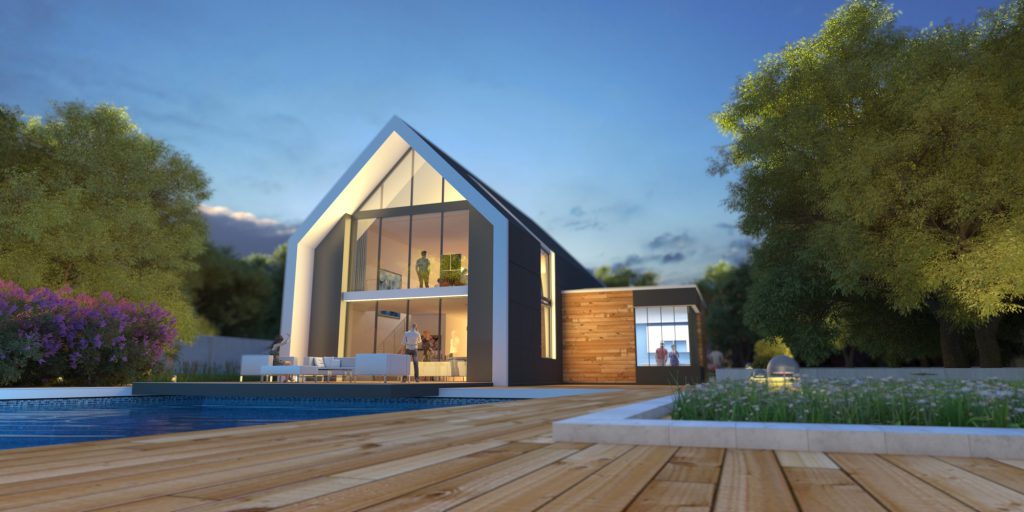 Modern pitched roof villa with pool and garden