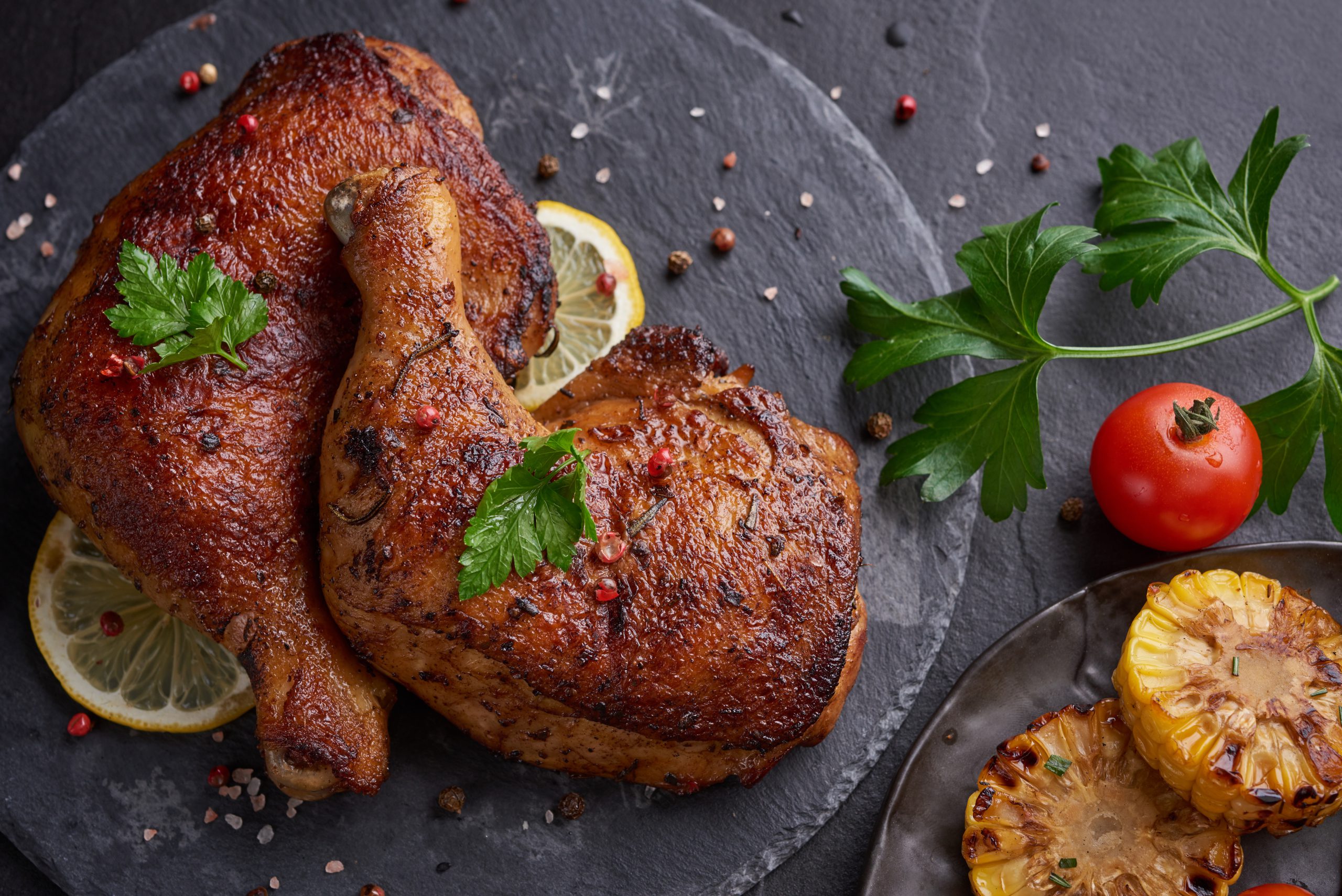 Grilled chicken legs in barbecue sauce with pepper seeds parsley
